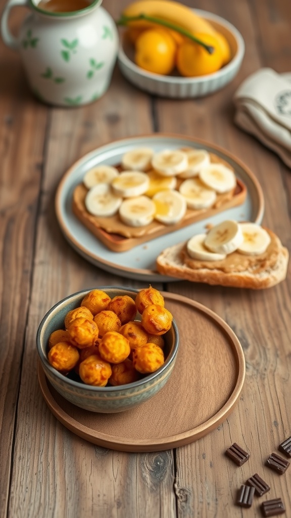 A bowl of spicy chickpea bites next to a plate of peanut butter banana toast, creating a delicious snack spread.